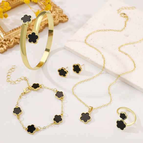 Lucky Flower Jewelry Set With Five Leaf Clover Alloy Bracelet Earrings Necklace Ring For Women Electroplated