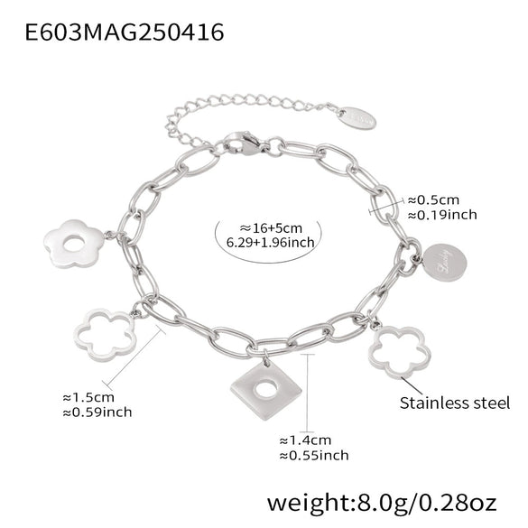 Lucky Flower Mirror Polished O Shaped Chain Bracelet With Pendant Stainless Steel Geometric Jewelry Electroplated For Women