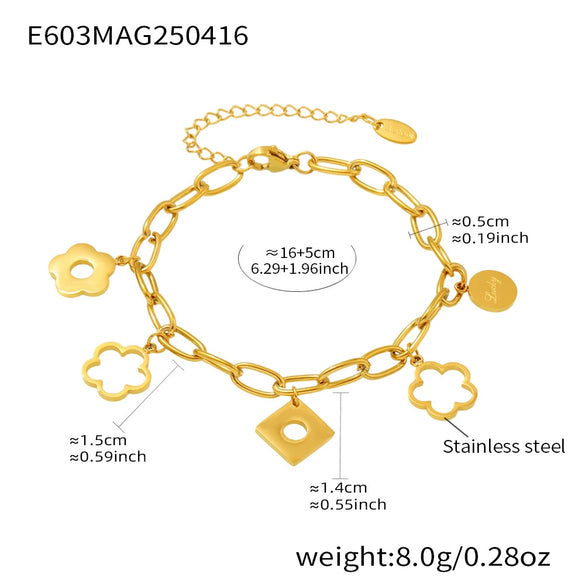 Lucky Flower Mirror Polished O Shaped Chain Bracelet With Pendant Stainless Steel Geometric Jewelry Electroplated For Women