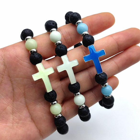 Luminous Cross Bracelet Handmade With Volcanic Stone For Unisex