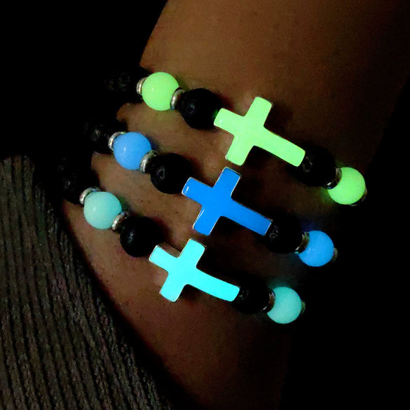 Luminous Cross Bracelet Handmade With Volcanic Stone For Unisex