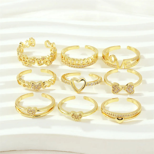 Luxurious Letter Heart Shape Copper 18k Gold Plated Zircon Open Rings In Bulk