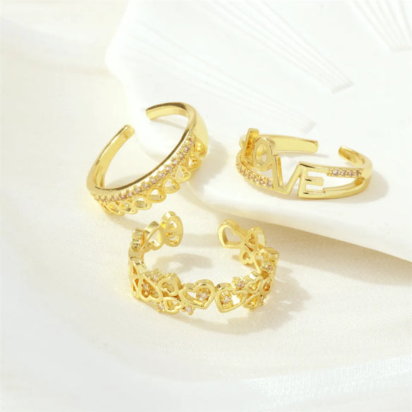 Luxurious Letter Heart Shape Copper 18k Gold Plated Zircon Open Rings In Bulk