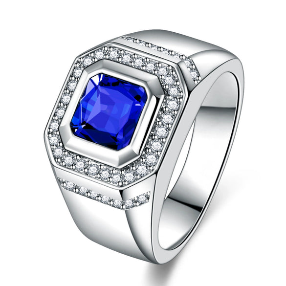 Luxury Copper Blue Zircon Ring With Micro Set Square Diamond Geometric Design Elegant Unisex Statement Jewelry