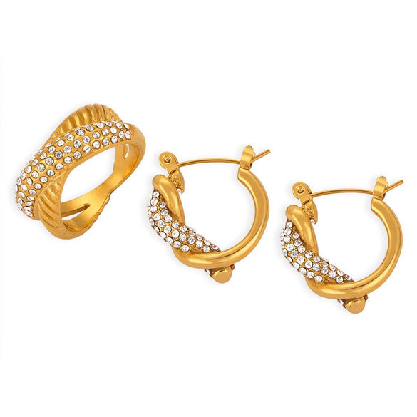 Luxury Diamondembedded Gold Titanium Steel Ring And Earrings Set For Female In Chic Style