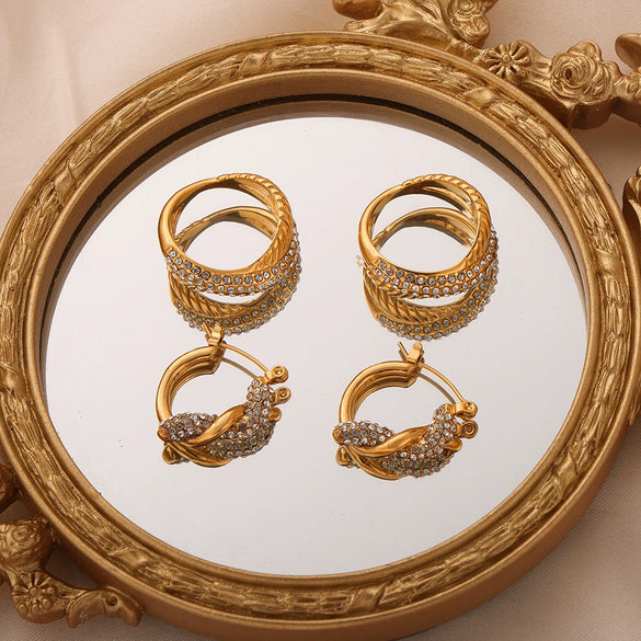 Luxury Diamondembedded Gold Titanium Steel Ring And Earrings Set For Female In Chic Style