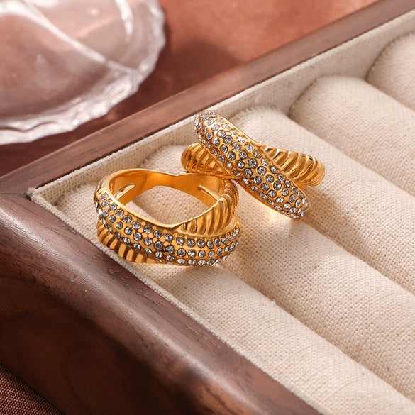 Luxury Diamondembedded Gold Titanium Steel Ring And Earrings Set For Female In Chic Style