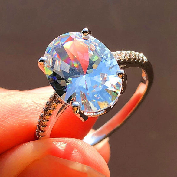 Luxury Electroplated Copper Oval Gemstone Ring With Diamond Encrusted Geometric Design Fashion Wedding Engagement Jewelry