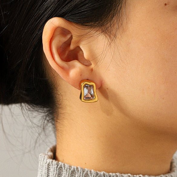 Luxury Electroplated Geometric Stainless Steel Earrings With Zircon Studs For Women