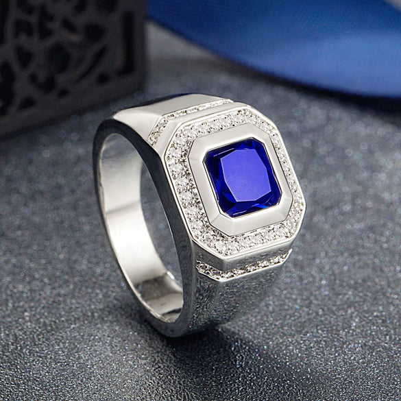 Luxury Elegant Geometric Blue Zircon Ring With Micro Inlaid Square Diamond Design For Unisex