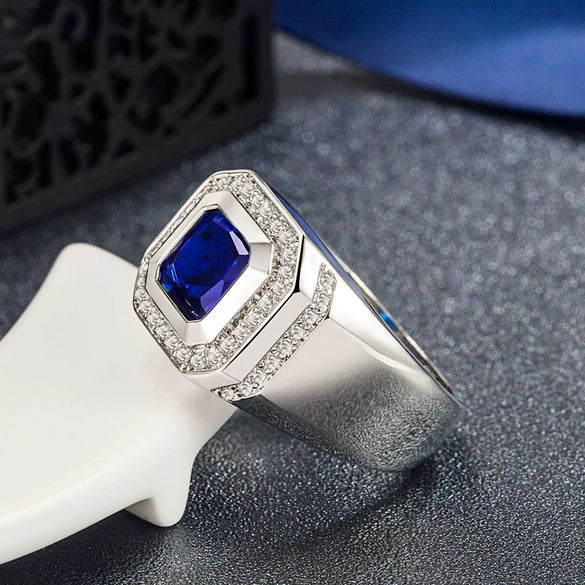 Luxury Elegant Geometric Blue Zircon Ring With Micro Inlaid Square Diamond Design For Unisex