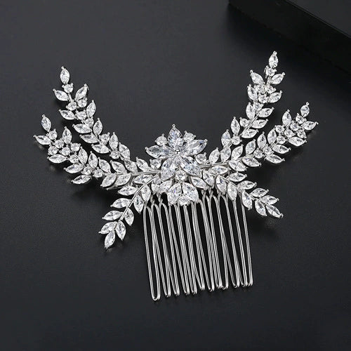Luxury Floral Zircon Bridal Side Hair Comb With Copper Electroplated Finish And Microinlaid Detail