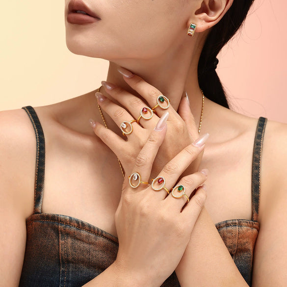 Luxury Geometric Line Opening Adjustable 316L Stainless Steel Gold Plated Handinlaid Zircon Fashion Ring