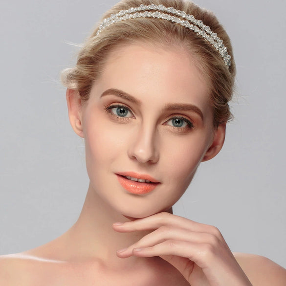Luxury Handmade Crystal Rhinestone Double Layer Wedding Headband Simple Bridal Hair Accessory For Women