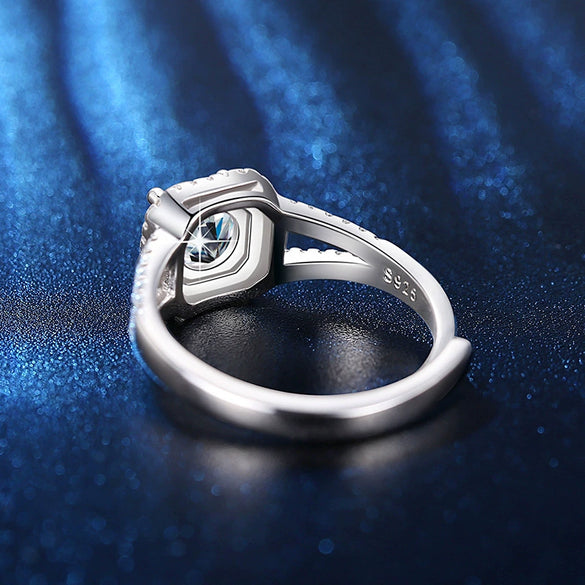 Luxury High End Women's Engagement Ring With Mosan Diamond Silver Plated Geometric Design