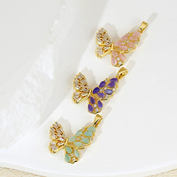 Luxury Multicolor Opal Butterfly Insects Cartoon Style Copper 18K Gold Plated Necklace And Earrings Pendant