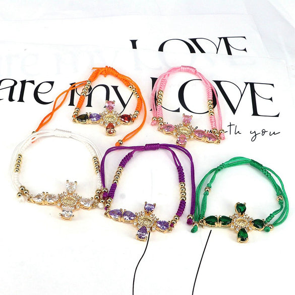 Luxury Retro Color Zircon Women's Gold Plated Adjustable Cotton Rope Bracelet Jewelry