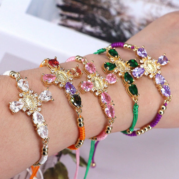 Luxury Retro Color Zircon Women's Gold Plated Adjustable Cotton Rope Bracelet Jewelry