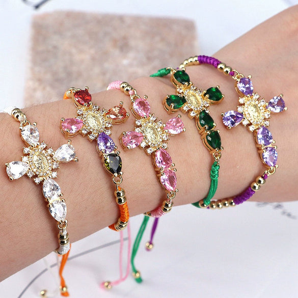 Luxury Retro Color Zircon Women's Gold Plated Adjustable Cotton Rope Bracelet Jewelry