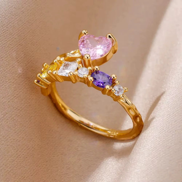 Luxury Retro Goldplated Heart Emerald Ring With Diamonds Copper Synthetic Zircon Geometric Style For Women