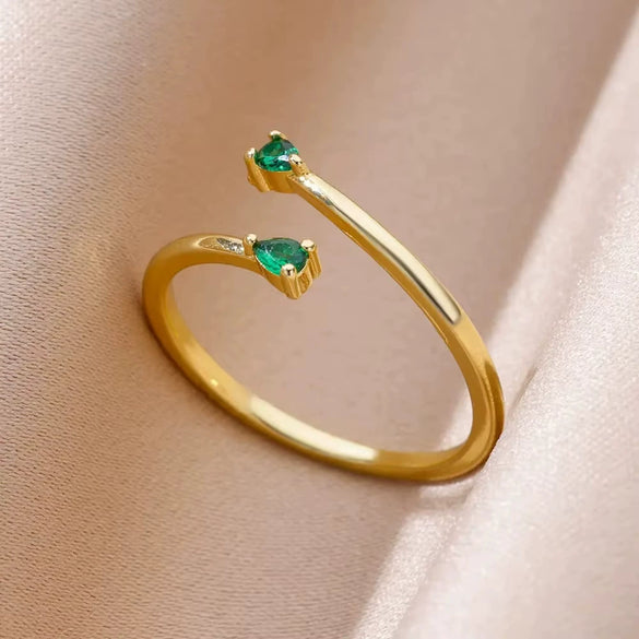 Luxury Retro Goldplated Heart Emerald Ring With Diamonds Copper Synthetic Zircon Geometric Style For Women