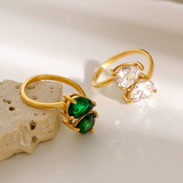 Luxury Stainless Steel Open Ring With Green Water Drop Zircon And Electroplating Treatment For Women