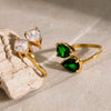 Luxury Stainless Steel Open Ring With Green Water Drop Zircon And Electroplating Treatment For Women