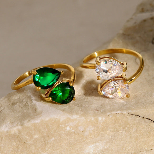 Luxury Stainless Steel Open Ring With Green Water Drop Zircon And Electroplating Treatment For Women