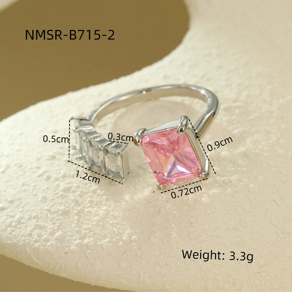 Luxury Stainless Steel Ring With Square Zircon Inlaid Electroplated Peach Heart And Round Shapes