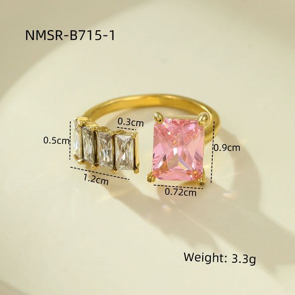 Luxury Stainless Steel Ring With Square Zircon Inlaid Electroplated Peach Heart And Round Shapes