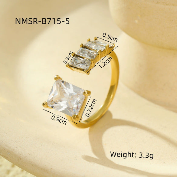 Luxury Stainless Steel Ring With Square Zircon Inlaid Electroplated Peach Heart And Round Shapes