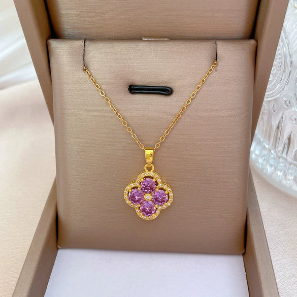Luxury Titanium Steel Micro Pave Flower And Lucky Bead Clavicle Necklace For Women Geometric O Chain Diamond Style Jewelry