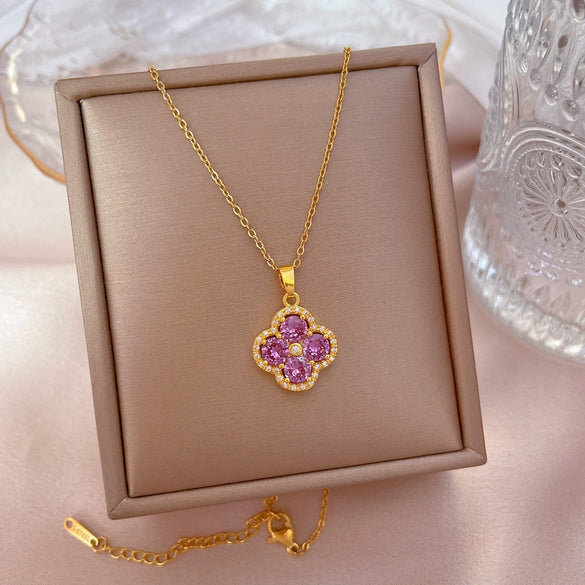 Luxury Titanium Steel Micro Pave Flower And Lucky Bead Clavicle Necklace For Women Geometric O Chain Diamond Style Jewelry