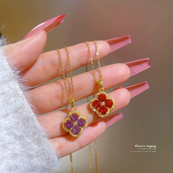 Luxury Titanium Steel Micro Pave Flower And Lucky Bead Clavicle Necklace For Women Geometric O Chain Diamond Style Jewelry