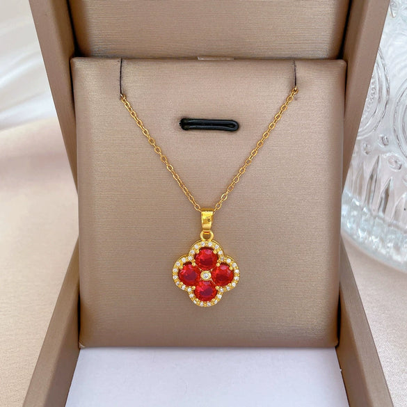 Luxury Titanium Steel Micro Pave Flower And Lucky Bead Clavicle Necklace For Women Geometric O Chain Diamond Style Jewelry