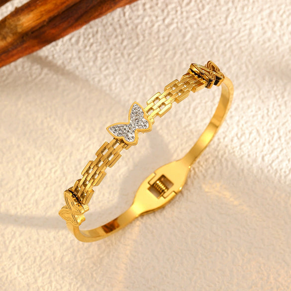 Luxury Titanium Steel Wave Double Row Drill Butterfly Bracelet 18K Vacuum Plating Polish