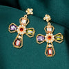 Luxury Women's Long Earrings Copper Gold Plated Color Zircon Exaggerated Personality Cross
