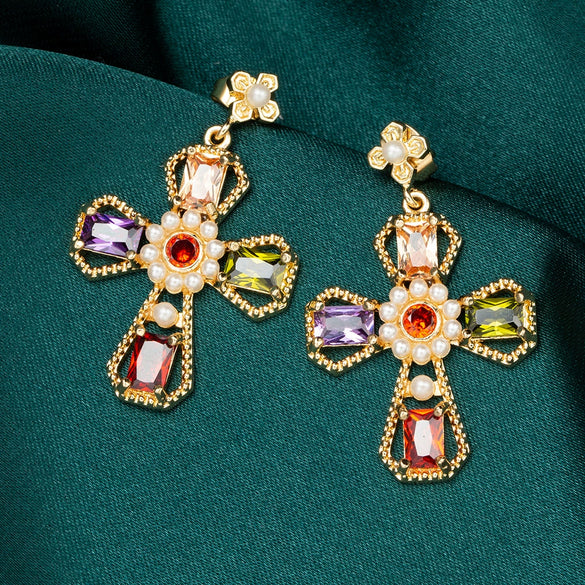 Luxury Women's Long Earrings Copper Gold Plated Color Zircon Exaggerated Personality Cross