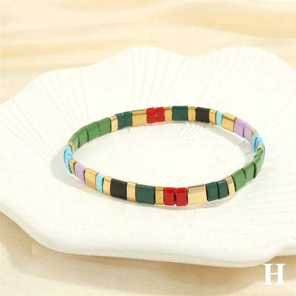 Macaron Color Mixed Material Hand Painted Geometric Beads Stretch Bracelet For Women And Unisex