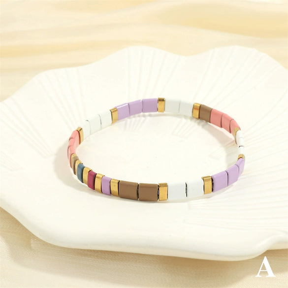 Macaron Color Mixed Material Hand Painted Geometric Beads Stretch Bracelet For Women And Unisex
