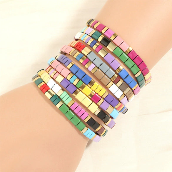 Macaron Color Mixed Material Hand Painted Geometric Beads Stretch Bracelet For Women And Unisex
