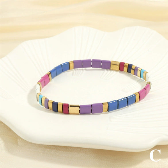 Macaron Color Mixed Material Hand Painted Geometric Beads Stretch Bracelet For Women And Unisex