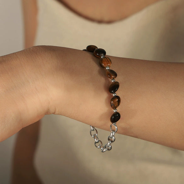 Maillard Style Handmade Beaded Stitching Tiger Eye Stone Bracelet With Geometric Pattern Made Of Titanium Steel And Electroplated For Women