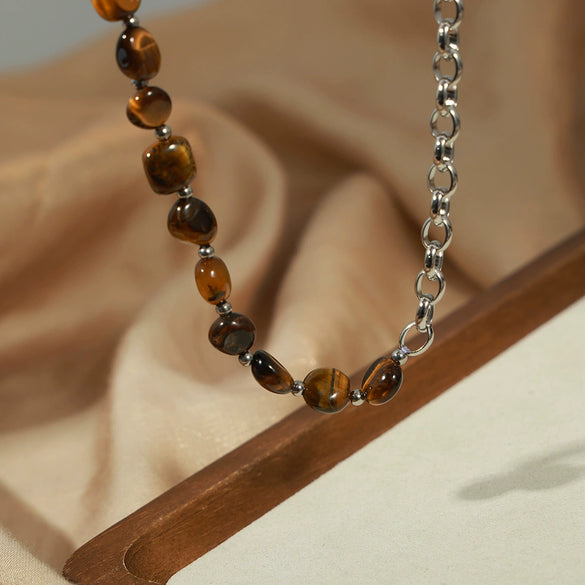 Maillard Style Handmade Beaded Stitching Tiger Eye Stone Bracelet With Geometric Pattern Made Of Titanium Steel And Electroplated For Women