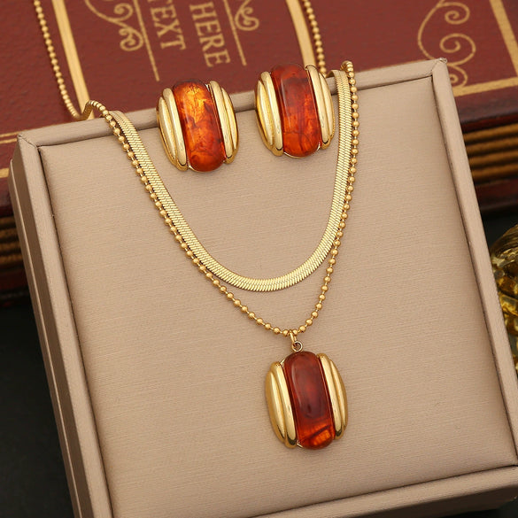 Maillard Style Stainless Steel Double Chain Jewelry With Geometric Pendant And Electroplating Treatment For Women
