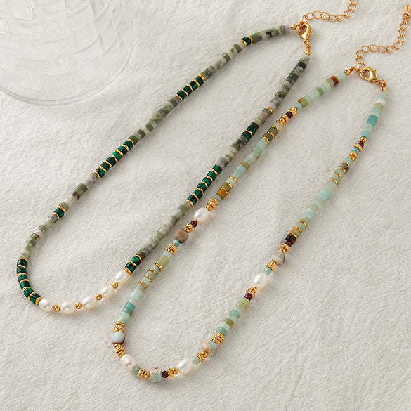 Malachite Freshwater Pearl Stone Handmade Retro Geometric Women's Necklace
