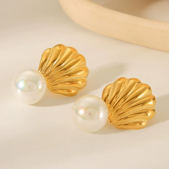 Marine Element Stainless Steel Scallop Earrings Geometric Style Electroplating For Women