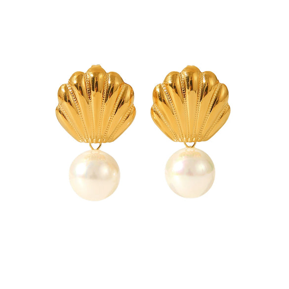 Marine Element Stainless Steel Scallop Earrings Geometric Style Electroplating For Women