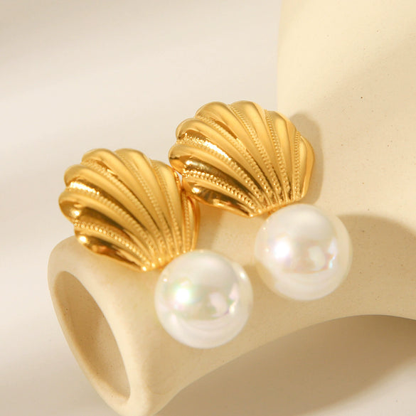 Marine Element Stainless Steel Scallop Earrings Geometric Style Electroplating For Women