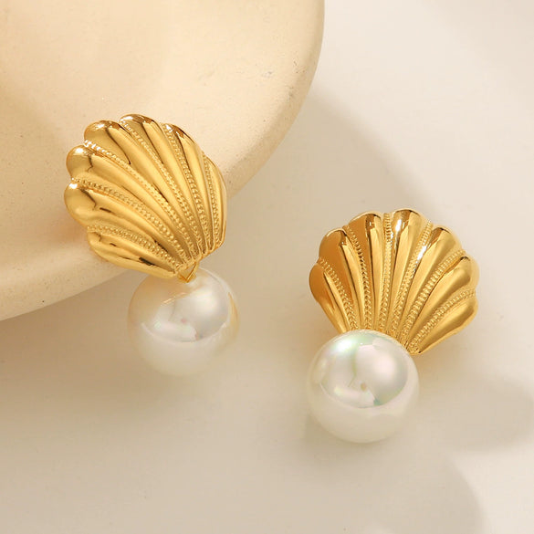 Marine Element Stainless Steel Scallop Earrings Geometric Style Electroplating For Women